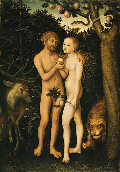 Adam et Eve partagent le fruit défendu, par Lucas Cranach, 1531.